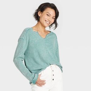 Waffle Knit with Lace Split Neckline Pullover Long Sleeved Top
